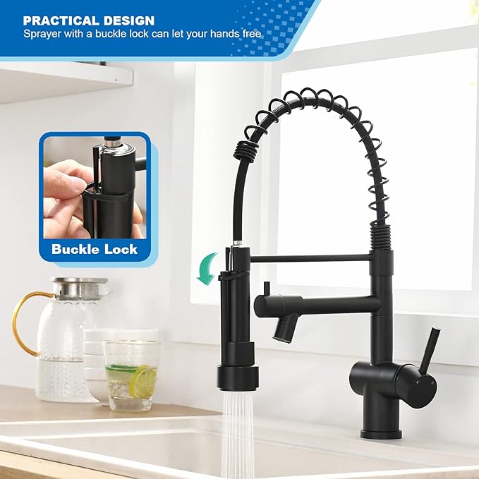 VFAUOSIT Commercial Spring Pull Down Kitchen Faucet with Dual Outlets – Matte Black 360° Rotating Lower Spout + High Pressure Sprayer, Single Handle Lever Stainless Steel for RV Farmhouse Sink