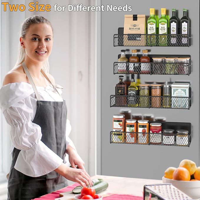 Magnetic Spice Rack for Refrigerator, 4 Pack 100% Metal Strong Magnet Fridge Shelves, Space Saving Spice Organizer, No Drilling Movable Home Kitchen Laundry Room Storage Organization, Black