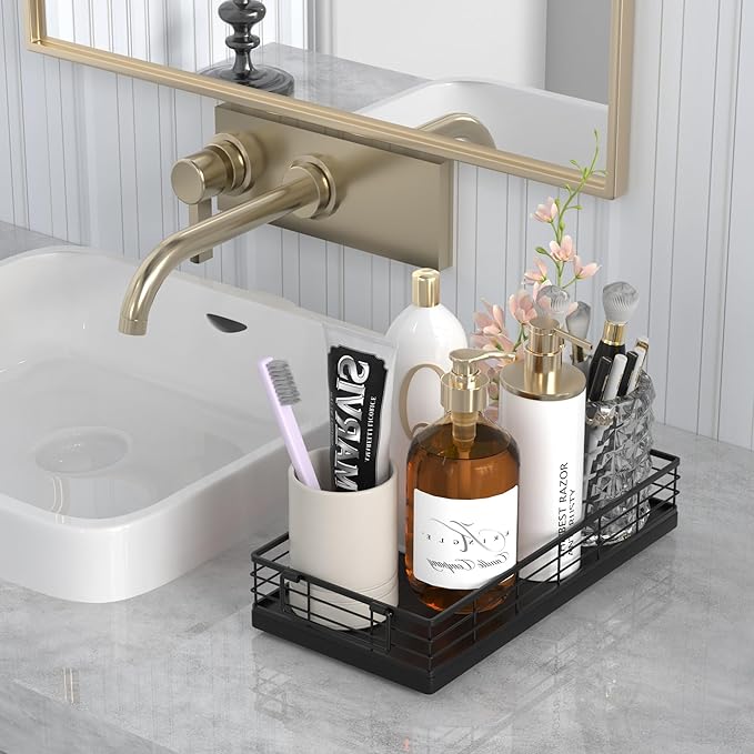 Toilet Paper Basket, 13 Inch Oak and Iron Tank Tray Top of Toilet Storage Toiletries Organizer for Bathroom, Living Room and Kitchen (Black)