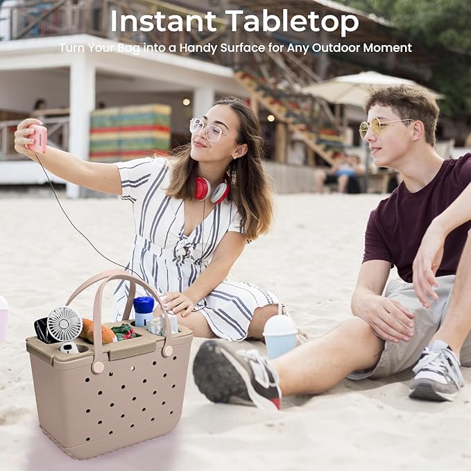Tote Topper Tray Accessories for Bogg Bag Large Only – Waterproof EVA Table Top Organizer Lid with Cup Holder, Snack, Phone & Drink Holders for Beach, Pool, Picnic, Travel (Khaki)