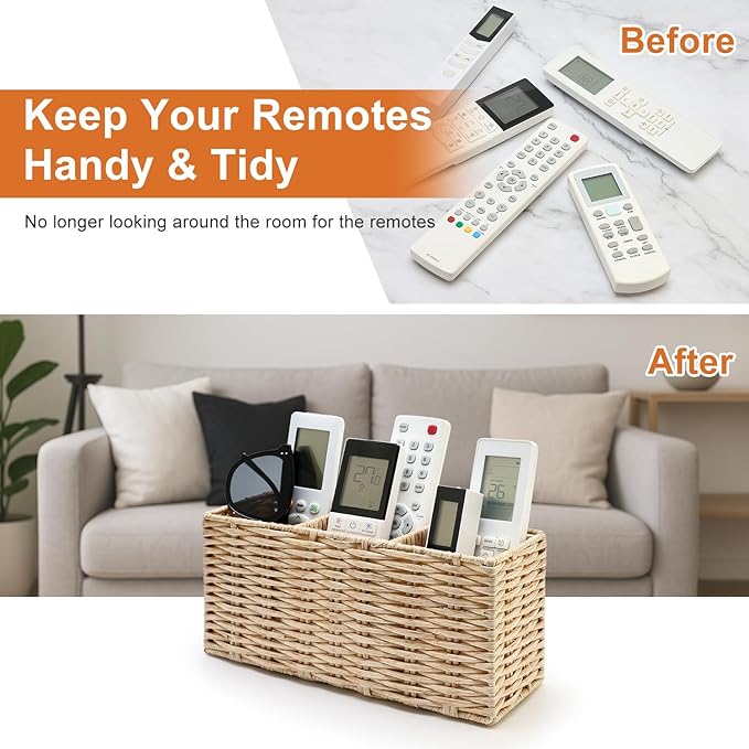 TV Remote Control Holder for Table Bedside Remote Caddy Storage Organizer Couch Nightstand Remote Box TV Controller Holder for Cutlery Silverware Desk Pen Organizer Wicker Decor Utensil Caddy Basket