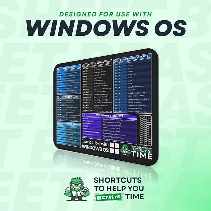 [Winos Compatible] Computer Shortcuts Mouse Pad for Windows - Wrist Rest Included. Portable Mousepad, Cheat Sheet Office, Gaming Commands, Functions DeskMat Waterproof & Non-Slip Desk Pad [12” x 10”]