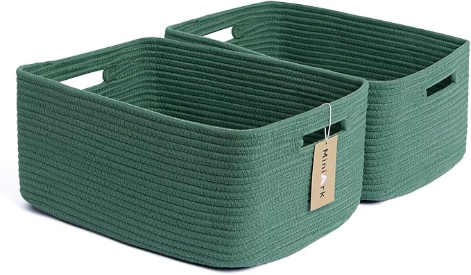 MiniArk Large Storage Baskets for Shelves, Closet Organizers Bins for Clothes Blanket Towels, Baby Nursery, Toy Baskets Box, Woven Rope Baskets, 17 x 13 x 7.5”, 2 Packs Green