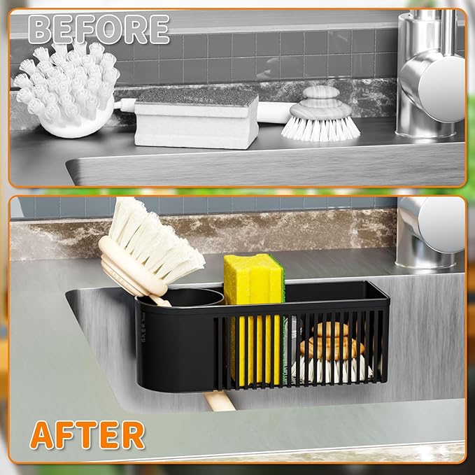 SUOXING Rustproof Sponge Holder for Kitchen Sink, 2-in-1 Dish Wand Holder with Suction Cup and Adhesive for Scrub Brush, Scrubber, Dish Sponge, Sponge Holder, In Sink Organizer & Basket Accessories, Plastic