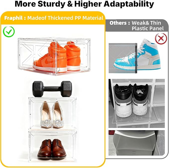 6 Pack Large Drop-Front Black Transparent Shoe Boxes, Stackable Sneaker Storage Container for Closet, Fits US Size 13+, Magnetic Front Door, Heavy-Duty Reinforced Plastic Shoe Organizer