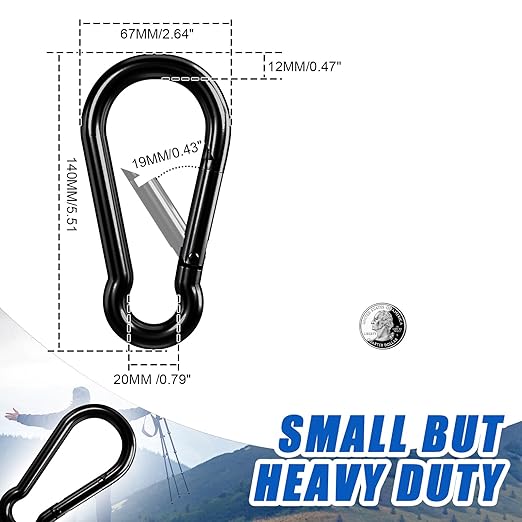 KINLINK 2 Pack Black Carabiner Clip, 5.5 inch Heavy Duty Spring Snap Hook, Large Carabiner Clips for Camping, Swing Set, Hammock, Hiking, Travel, Weight Lifting Machine, Home Gym Equipment