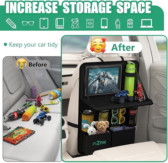 Car Backseat Organizer with Tablet Holder, 11 Storage Pockets with Foldable Food Tray, Kick Mats Protector for Kids, Travel Accessories Organizer (Black, 2-Pack with Food Tray)