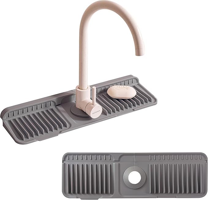 17.7" Silicone Sink Splash Guard - Multi-Functional Kitchen Sink Mat with Drip Tray, Sponge Holder & Soap Dish, 6° Slope Design for Easy Drainage, Foldable & Fasten Button for Secure Fit,（Grey）