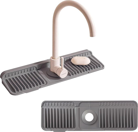 17.7" Silicone Sink Splash Guard - Multi-Functional Kitchen Sink Mat with Drip Tray, Sponge Holder & Soap Dish, 6° Slope Design for Easy Drainage, Foldable & Fasten Button for Secure Fit,（Grey）