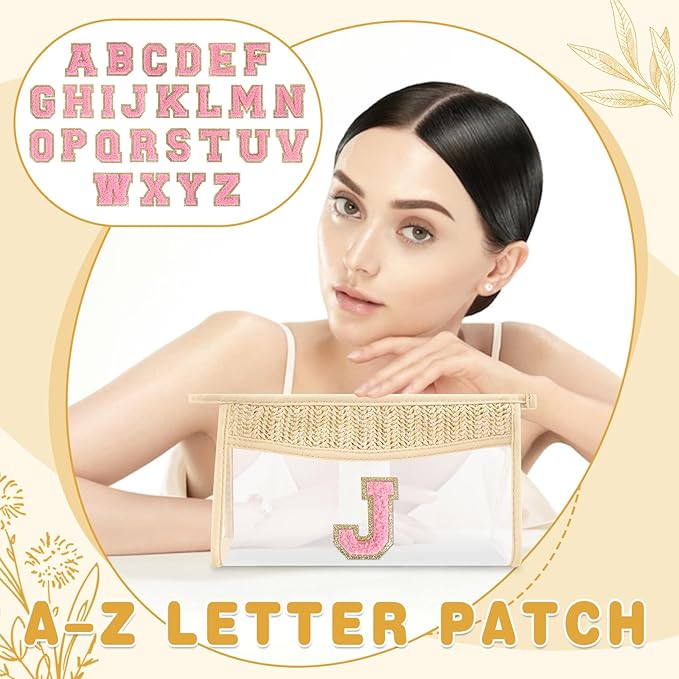 Small Boho Straw Initial Letter Makeup Bag Personalized Gift ,Cute Clear Chenille Patch Makeup Bag With Zipper,Trendy TSA Approved Travel Toiletry Bag,Gift for Women Girls Birthday Friend, Letter J