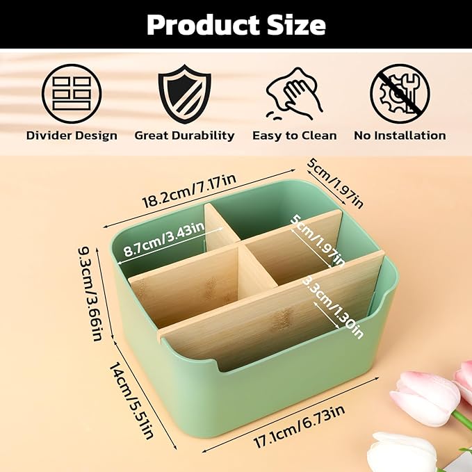 Segarty Green Remote Control Holder, Detachable Divided Bamboo Desk Organizer Caddy, Desktop Storage Box Pencil Pen Holder for Office Supplies Bedside Table Organizers