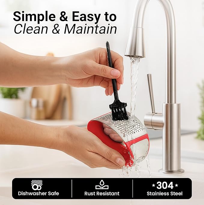 Zulay Kitchen Stainless Steel Garlic Press Rocker Set - Premium Garlic Mincer Garlic Crusher - New Innovative Garlic Crusher with Peeler and Scraper - Comfortable Grip (Red)