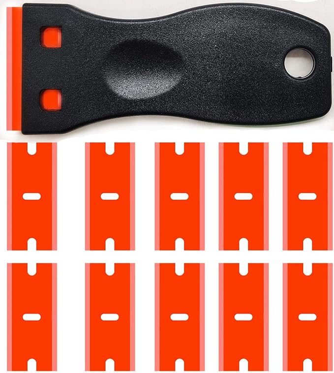Double Edged Plastic Razor Blade Scrapers Knife with Contoured Grip for Scraping Labels and Decals Sticker From Glass, Windshields and Auto Window Tint Vinyl Tool Application(Black Scraper+10 Blades)