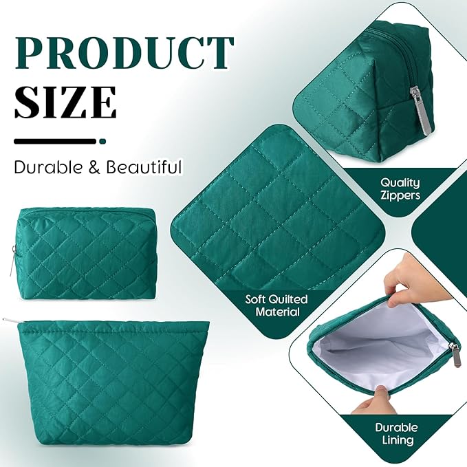 2 Pcs Pencil Case Quilted Makeup Bag Aesthetic Cosmetic Pouch for Women Puffer Travel Toiletry Bag Set Cotton Small Purse Pouch Makeup Organizer with Zipper(Green)