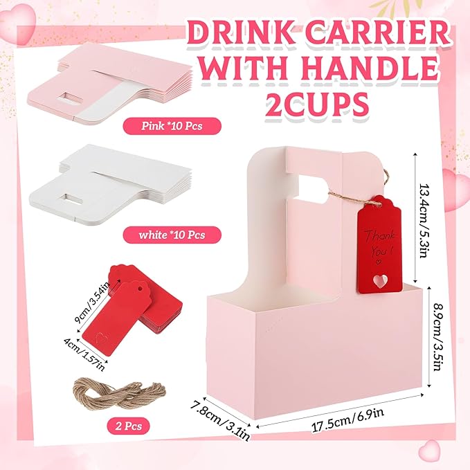 MotiMind 20 Pack Mother's Day 2 Cup Drink Carrier with Handle, Kraft Paperboard Teacher Cup Holder Portable for Hot Cold Drinks, Coffee Carrier Gift with Heart Card Rope (White,Pink)