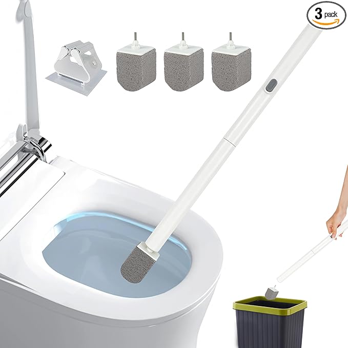 Pumice Stone Toilet Bowl Cleaner with 20" Ultra Long Handle, Push-Button Replaceable Head Hard Water Ring Stain Remover for Bathroom, Bathtub, Pool, Kitchen Sink Cleaning, 3 Pack (gray)