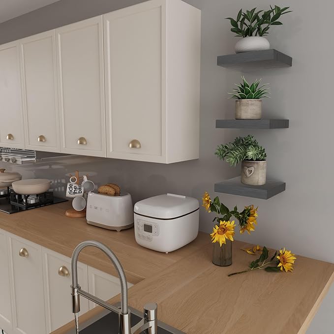 Small Floating Shelves for Wall - 12 x 9 Inch Grey Shelves for Bedroom, Living Room, Bathroom, Kitchen, Office Decor Set of 3