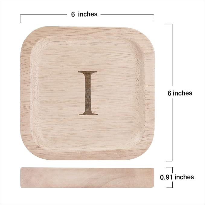 Wooden Personalized Letter Catchall Valet Tray Trinket Dish Jewelry Tray Key Bowl Decorative Plate Organizing Ring Earrings Necklaces Bracelet Watch Coins Wallet Holder (6"x6" Sq Natural "I")