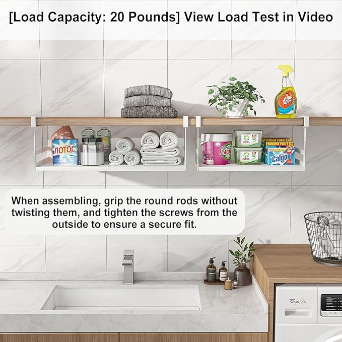 SHINEWON Expandable Under Cabinet Shelf Organizer with 0.94 Inches Thick Clips, Heavy Duty Extendable Under Shelf Storage Basket for Pantry or Laundry Room, White, 1 Pack, Interior: 5.7" H x 8.54" D