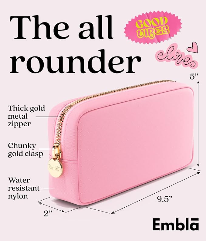 Embla Makeup Bag Travel Cosmetics Pouch and Toiletry Bag, Nylon Zipper Pouch Purse, Cute Make Up Organizer Storage Tote for Women Girls, Travel Skincare Case, Small Makeup Bags, Flamingo Pink