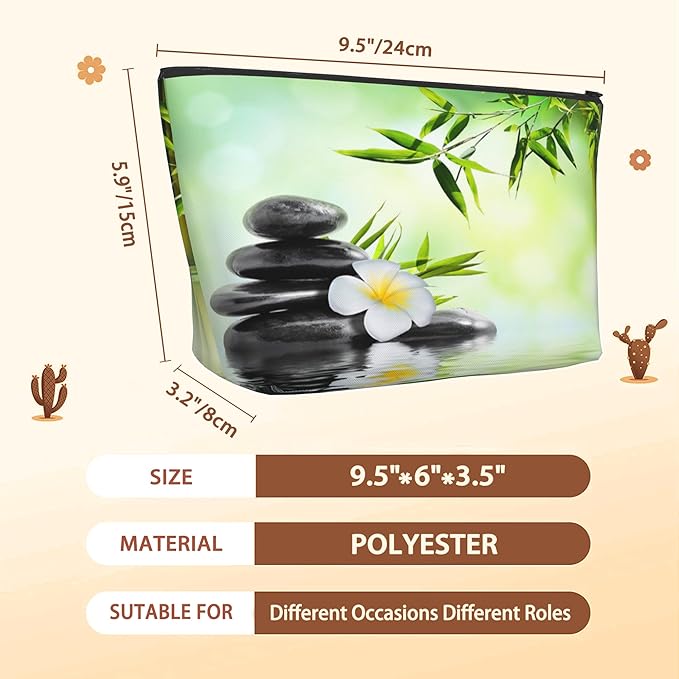 Zen Spa Makeup Bag Travel Cosmetic Bag for Women,Grey Stones Flowers Small Make up Pouch Travel Bags for Toiletries Aesthetic Accessories Waterproof Gifts