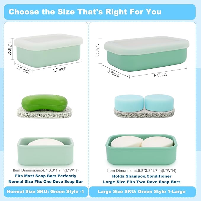 Travel Soap Case, Leak Proof Travel Soap Container, Silicone Soap Box with Drainage Layer, Shatterproof Soap Holder for Travel, Camping, Gym (Green, Regular)