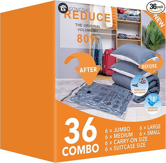 36 Pack Vacuum Seal Bags For Clothing (6 Jumbo, 6 Large, 6 Medium, 6 Small, 6 Travel roll-up bags, 6 small Travel roll-up bags) Space Saver Bag for Clothes, Blanket, Duvets, Pillows, Comforters