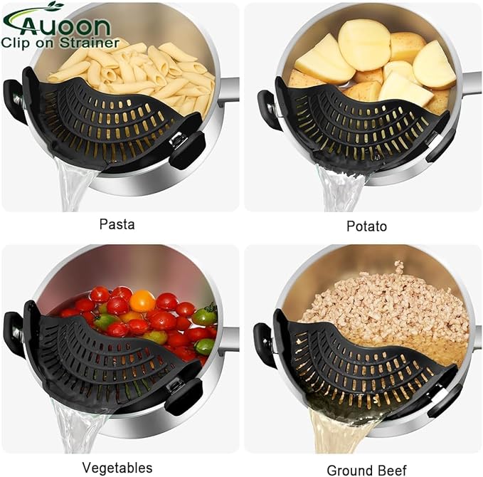 2PACK AUOON Clip on Strainer for All Pots Pans - Silicone Pasta Strainer Kitchen Colander for Draining Noodles Spaghetti Ground Beef Grease｜Easy to Use and Store, Dishwasher Safe (BlackGreen)