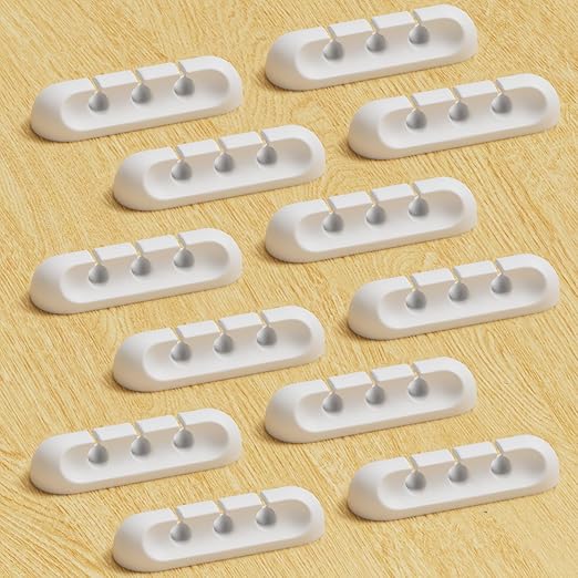 USB Cable Organizer Clips Cord Holder,12 Packs (3-Slots) White Self Adhesive Desk Cord Cable Management