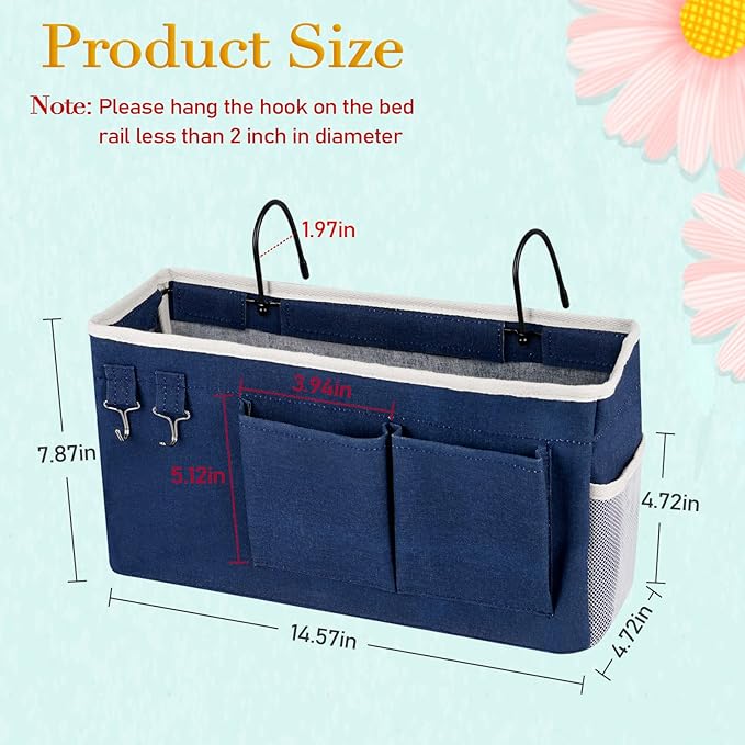 Ozzptuu Bedside Storage Caddy/Bedside Hanging Storage Bag for Headboards Bunk Beds Dorm Rooms Book Phone Magazine Holder (2PC Navy Blue)