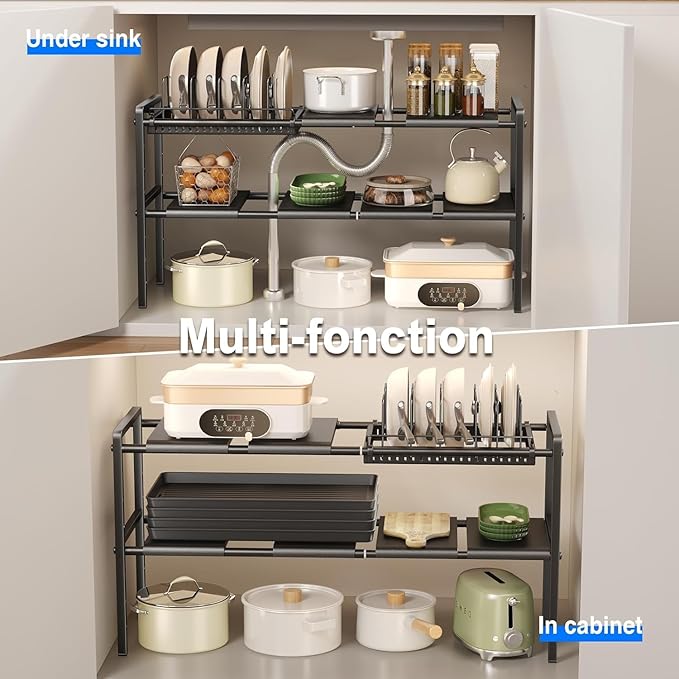 Pots and Pans Organizer Under Cabinet, Expandable 2 Tier Under Sink Organizers and Storage Adjustable Height Kitchen Pot and Pan Lid Holder Rack with 6 Dividers (6 panels, 1 Pot rack, Black)
