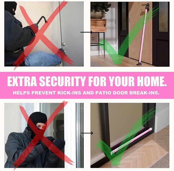 SECURITYMAN 3-in-1 Door Security Bar & Sliding Door Security Bar - Withstands 400lbs of Force - Door Jammer Constructed of High Grade Iron - Pink Door Stoppers - Patio, Window, Hinged Doors