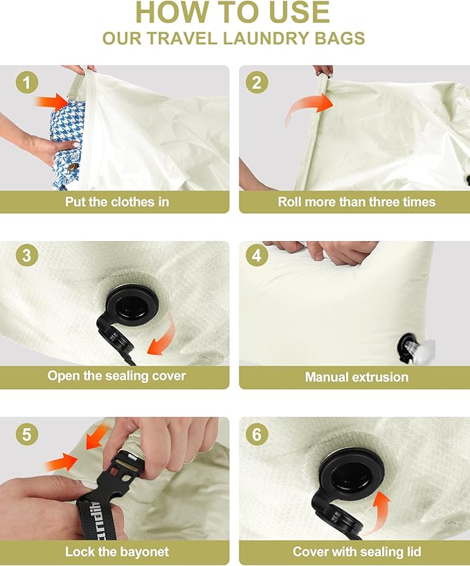 Travel Laundry Bag, Pump Free Vacuum Storage Bag Reusable Compression Dirty Clothes Travel Bag Waterproof Wet Dry Bags Large Capacity Space Saver Bags Camp Clothes Organizer (1 Pcs)(White, L)