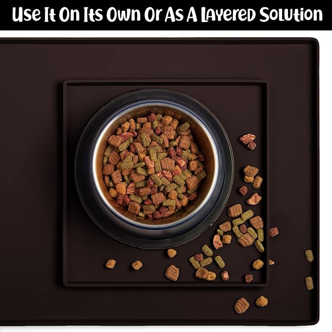 DogBuddy Dog Food Mat – Waterproof Dog Bowl Mat for Food and Water, Silicone Pet Feeding Mats for Floors, Non-Slip Placemat with High Edges for Dogs Bowls, Puppy Essentials (XS: 11" x 11", Coffee)