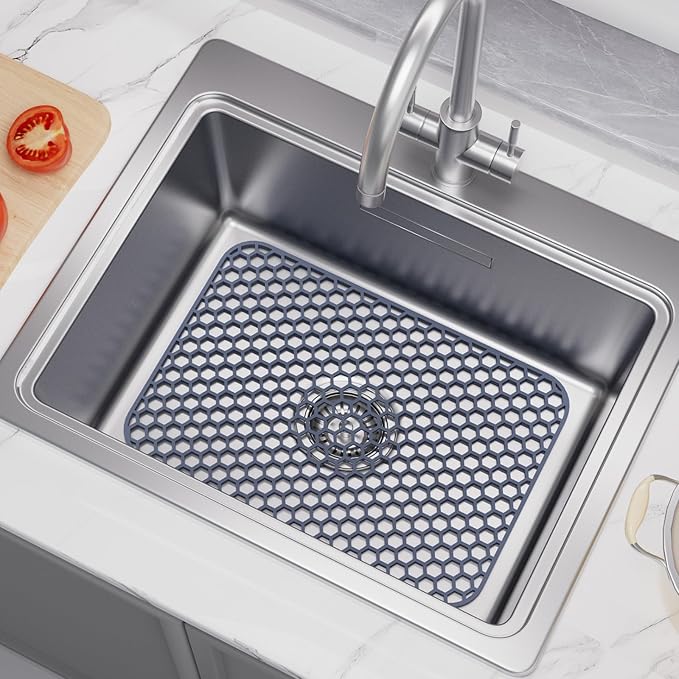 Silicone Sink Protector for Kitchen Sink - 16.65''x12.2'' Kitchen Grid Accessory, Non-slip Heat Resistant Grid Dry Mat for Bottom of Porcelain Stainless Steel, Dishwasher Safe