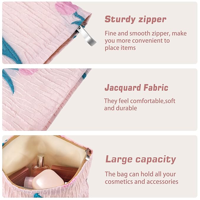 ZLFSRQ Tulip Makeup Bag Travel Cute Pink Flower Floral Cosmetic Bags for Women Large Embroidery Toiletry Pouch Zipper Cosmetic Pouch for Purse Aesthetic Makeup Organizer Bag Portable Toiletry Bags