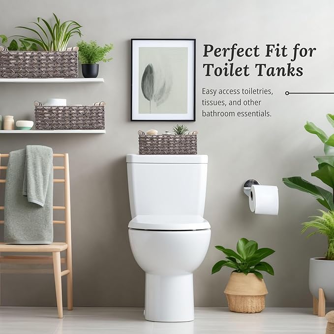 DECOMOMO Toilet Tank Basket, Wicker Storage Bins for Countertop, Toilet Top Organizer, Back of Toilet Basket, Pantry, (Grey, Set of 3)