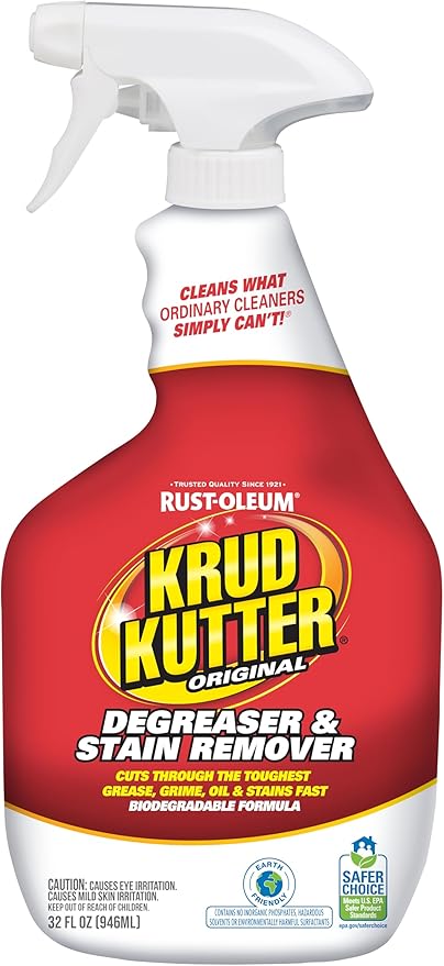 Krud Kutter Original Cleaner Degreaser Spray, 32 oz, Heavy Duty Multi Surface Cleaner for Grease, Oil and Tough Stains, Ready to Use for Kitchen, Garage, Floors and Outdoor Surfaces