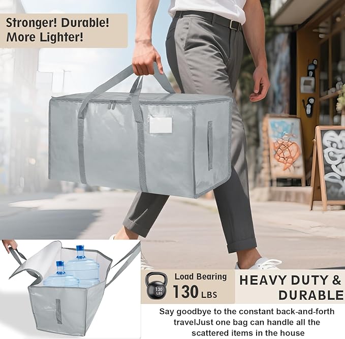 8 Pack-Extra Large Heavy Duty Moving Bags - Waterproof Storage Totes with Handles & Zippers, Foldable for College Dorm, Storage (light gray)