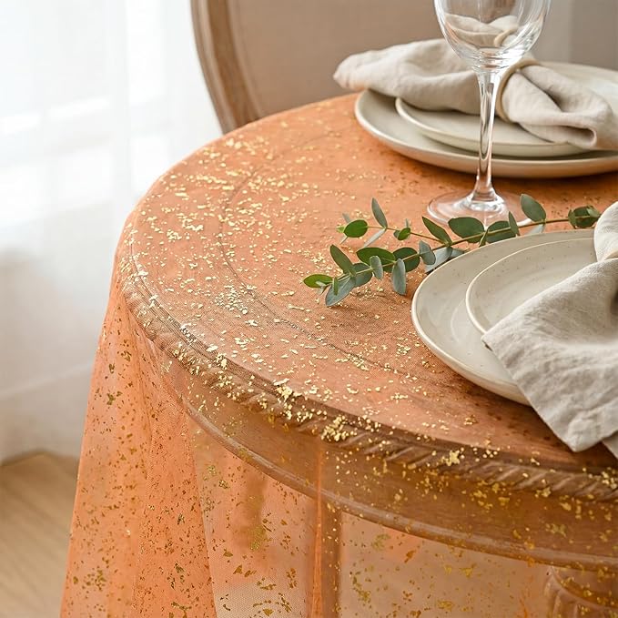 Horaldaily Orange Gold Gauze Tablecloth 60x60 Inch Round, Orange Sequin Glitter Metallic Foil, Sheer Tulle Cheesecloth for Wedding Baby Shower Ceremony Birthday