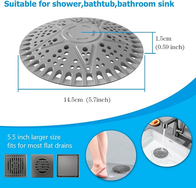 Shower Drain Hair Catcher | 2 Pack 5.5in Large Premium Silicone Drain Protector Strainer | Bathroom Essentials Shower Drain Cover for Shower Room, Floor Drain, Bathroom Sink-Grey