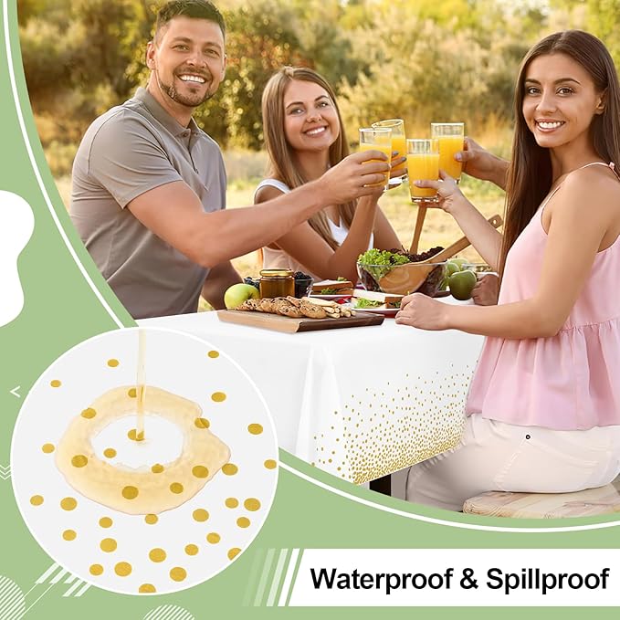 misaya 10 Packs Dot Disposable Table Cloth, 54 x 108 Inch Waterproof Plastic Tablecloth, Rectangle Gold Dots in White Table Covers for Picnic, Birthday, Party