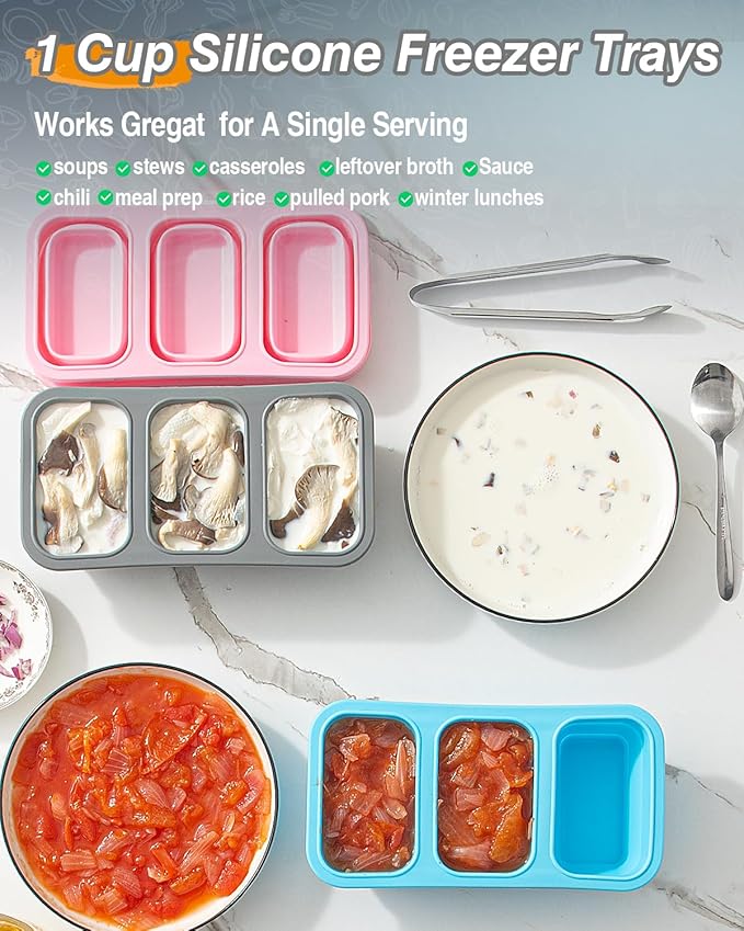 Silicone Freezer Trays With Lid And Clip, Stackable 1 Cup Soup Freezer Molds, 2 Pack Large Ice Cube Trays, Collapsible Freezing Molds for Meal Prep, Leftovers, Sauce, Broth, Kitchen Gifts Set