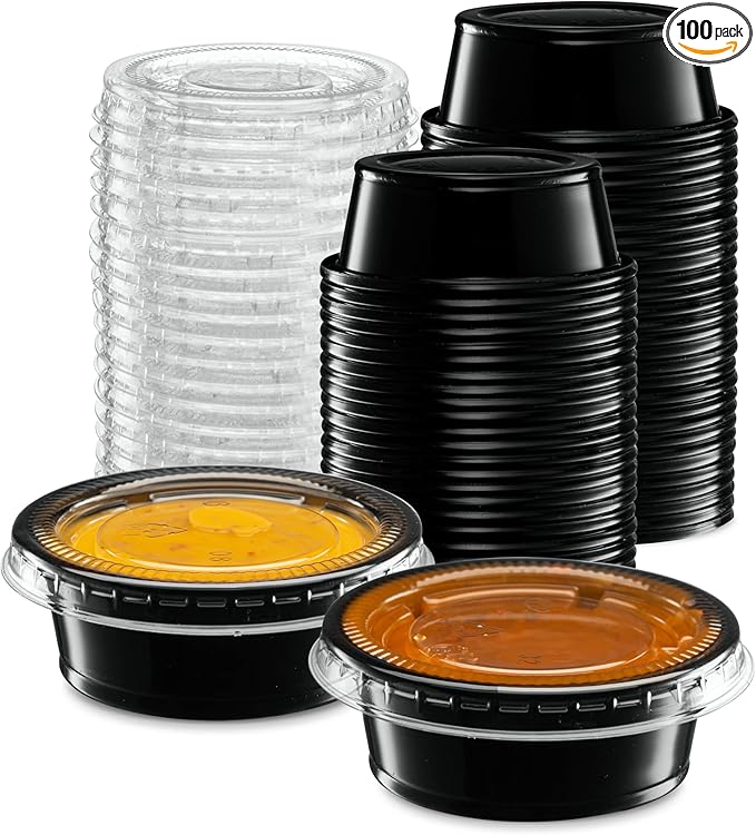 1.5 oz - 100 Sets Black Diposable Plastic Portion Cups With Lids, Small Mini Containers For Portion Controll, Jello Shots, Meal Prep, Sauce Cups, Slime, Condiments Disposable Souffle Cups