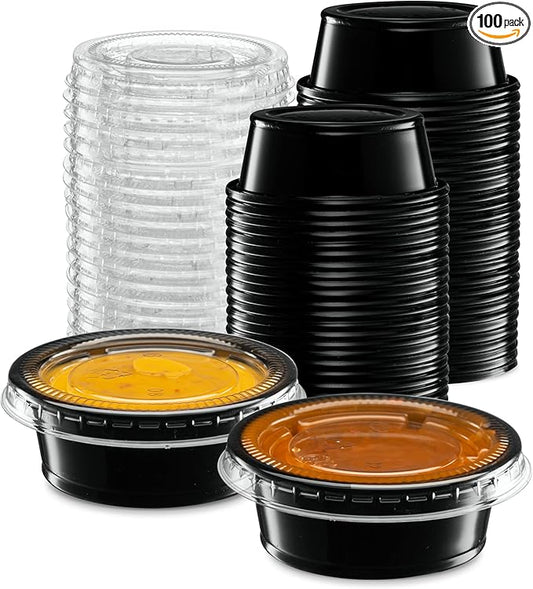 1.5 oz - 100 Sets Black Diposable Plastic Portion Cups With Lids, Small Mini Containers For Portion Controll, Jello Shots, Meal Prep, Sauce Cups, Slime, Condiments Disposable Souffle Cups
