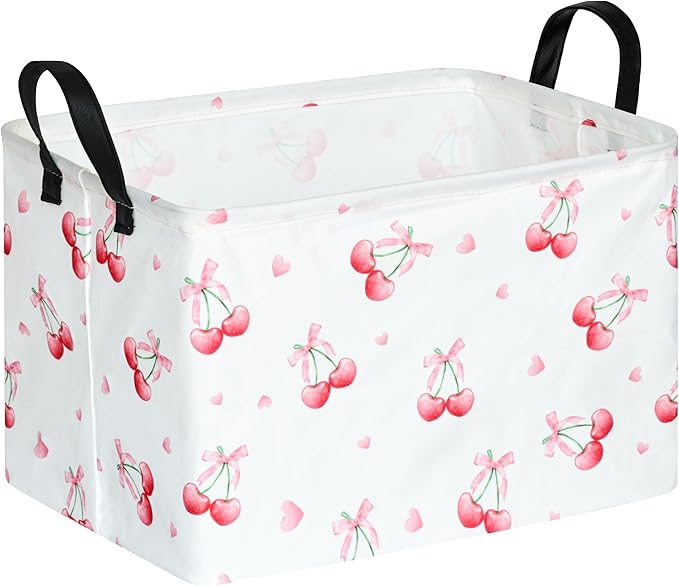 Rec Cherry Print Box Hamper Storage Basket Collapsible Organizer Bin Gift Shelf Baskets for Home and Kitchen Storage