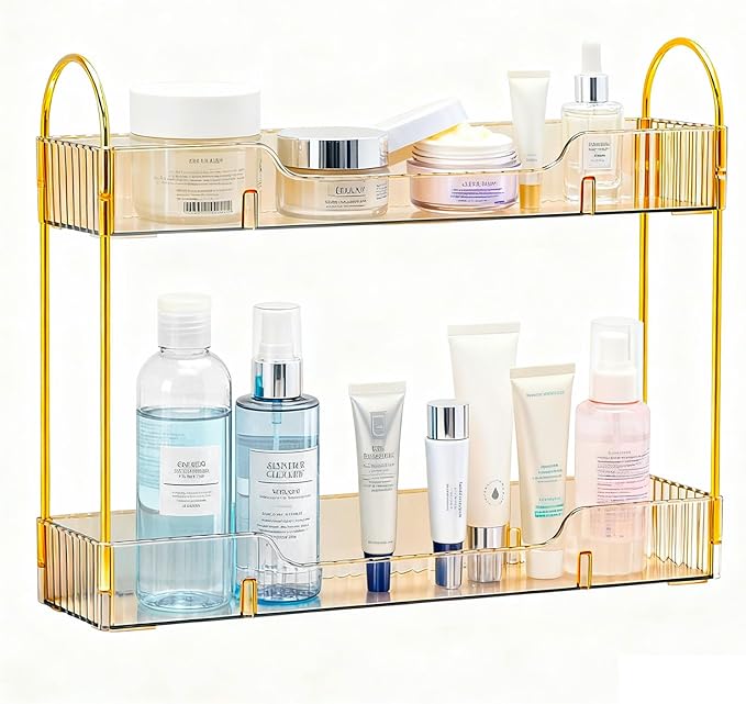 Bathroom Countertop Organizer, 2-Tier Slim Vanity Storage Rack for Bathroom Sink, Narrow Counter Organizer for Toiletries Skincare Perfume with Gold Plastic Trays, Gold