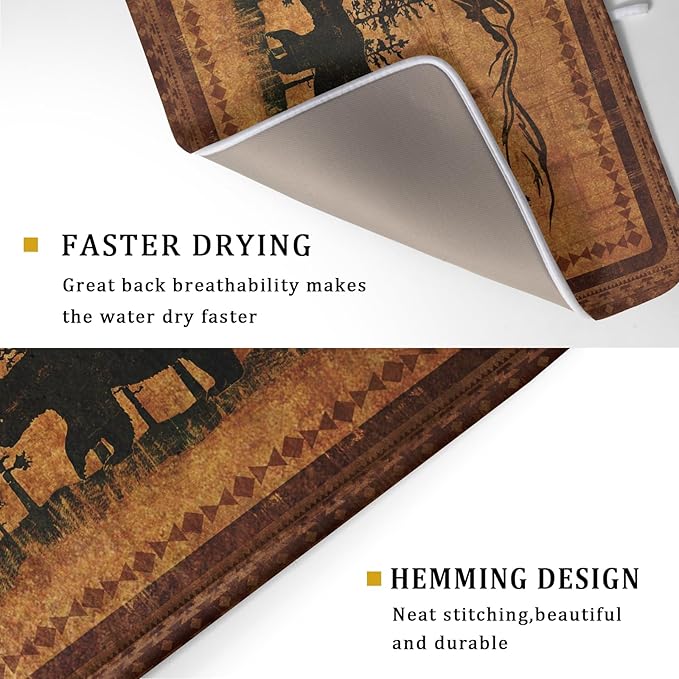 Forest Bear Dish Drying Mat 18x24 Inch Rustic Cabin Washable Microfiber Absorbent Dishes Drainer Rack Pad for Kitchen Counter Home Decor
