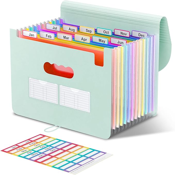 ThinkTex Accordion File Organizer, 12 - Pocket Expanding File Folders for Paper Receipts, Bills & Taxes Organizer, Letter/A4 Size Document Holder for School, Office, Home with tabs-Sage Green