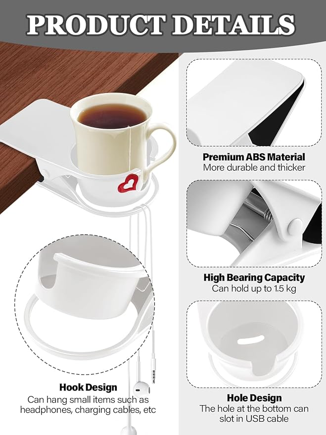 3PCS Drinking Cup Holder Clip Kalolary Chair Desk Bottle Cup Stand DIY Glass Clamp Storage Saucer Clip with Groove for Potted Plant Beverage Coffee Mug Holder Clip for Home & Office (White)